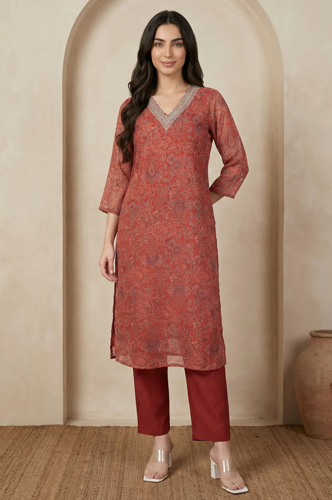 Rust Paisley Printed Straight Chiffon Kurta